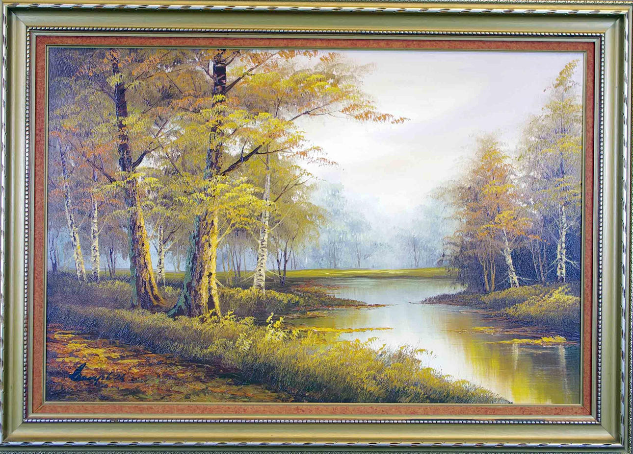 CAMPELL. skogslandskap med bäck, olja på duk.