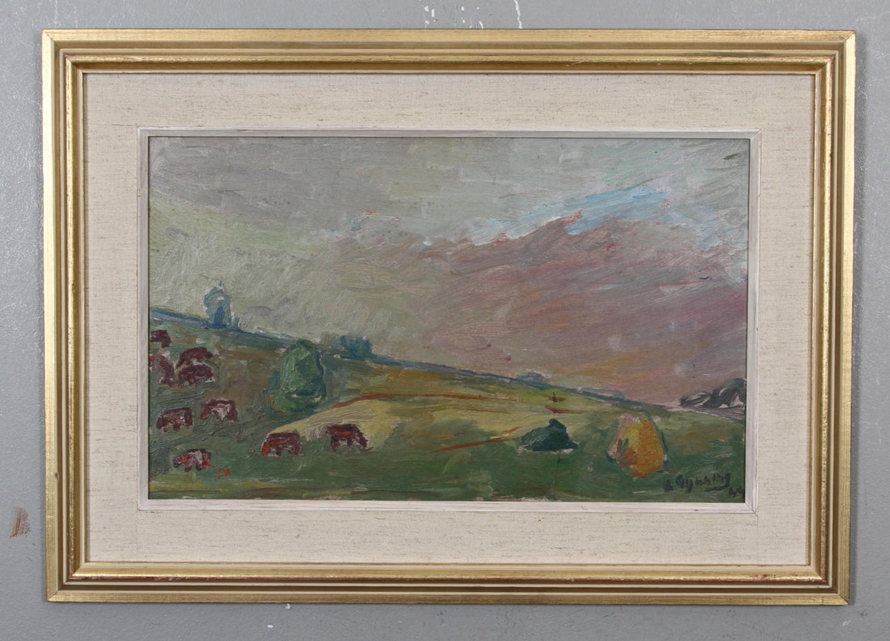 LARS GYNNING. Kor på bete. Olja på pannå. Signerad L.Gynning och daterad 44.