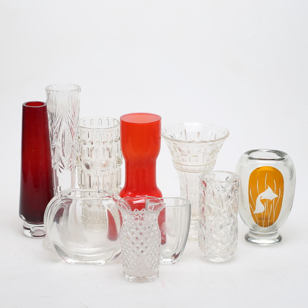 GLASS VASES, ten pieces.