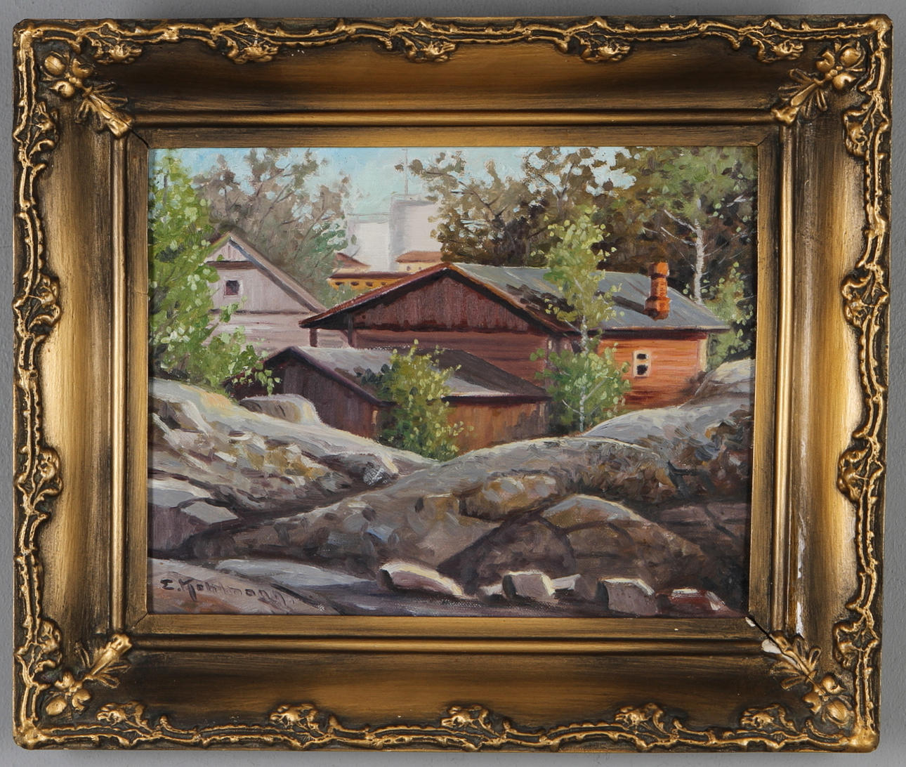 EINAR KOHLMANN. Hus vid bergknalle, olja på pannå, signerad.