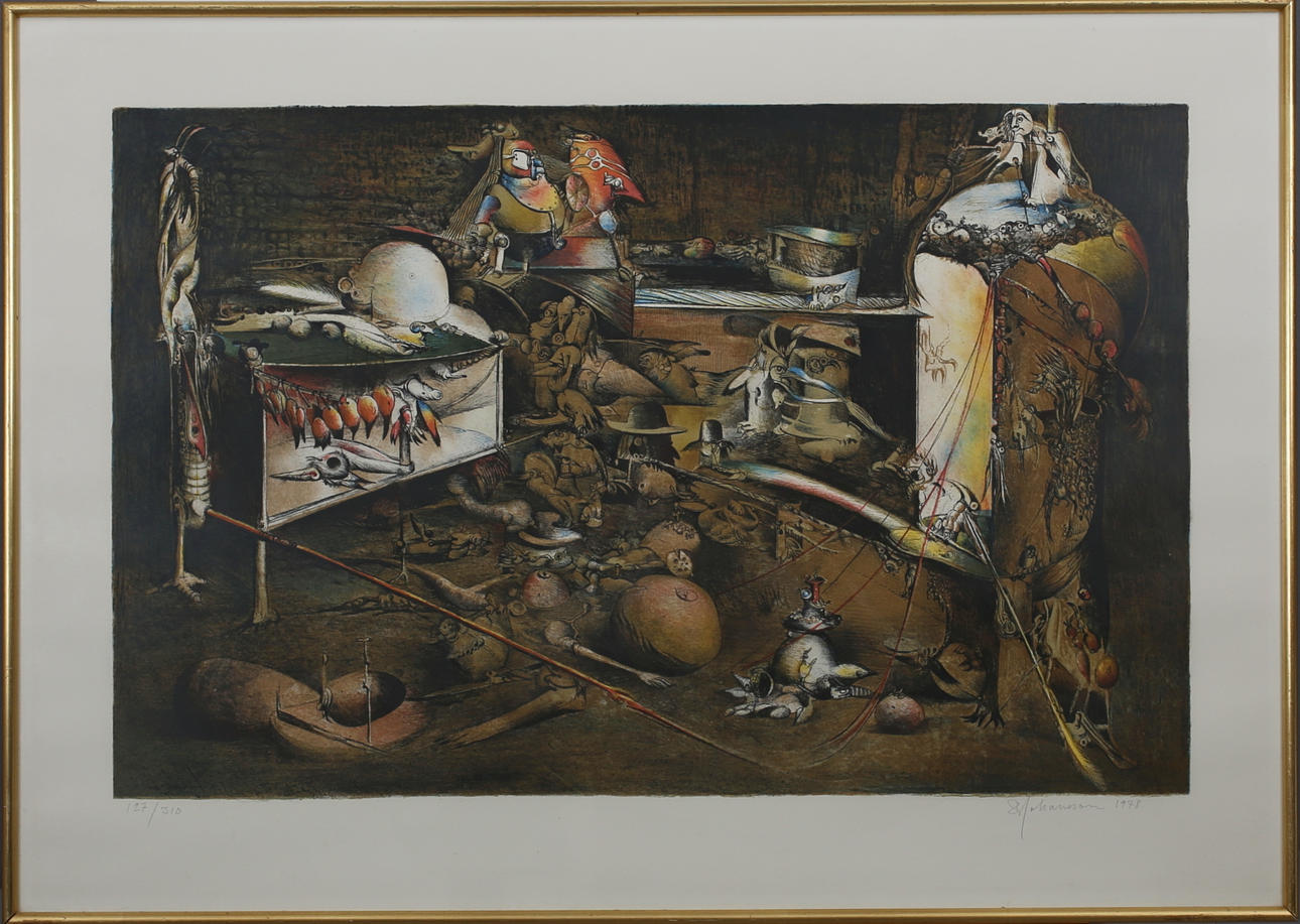 SVEN-ERIK JOHANSSON. Surreallistiskt termotiv. Färglitografi. Signerad och daterad 1978. 127/310.