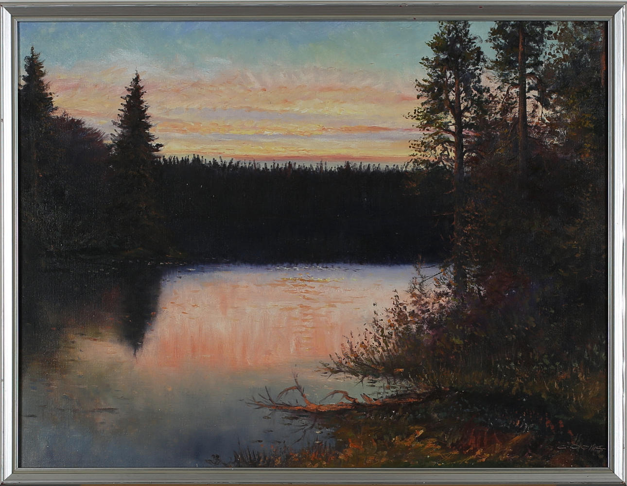 CORNELIUS OOMS. Solnedgång över skogslandskap. Olja på duk. Signerad C Ooms.
