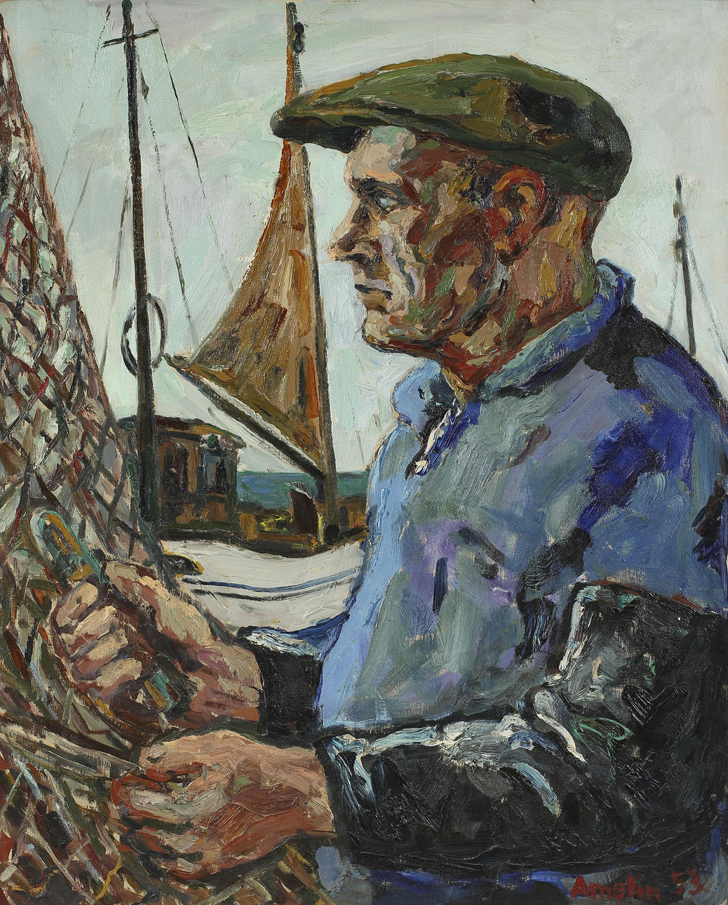 ALBIN AMELIN (1902-1975). Fiskare i hamnen. Olja på duk.