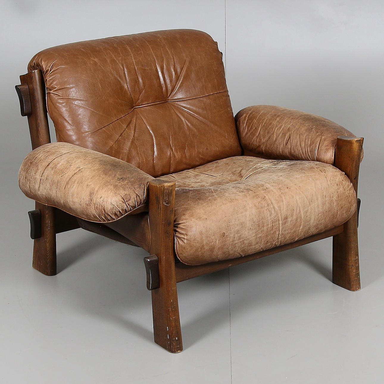 SESSEL, Leder/Holz, 70er/80er Jahre.