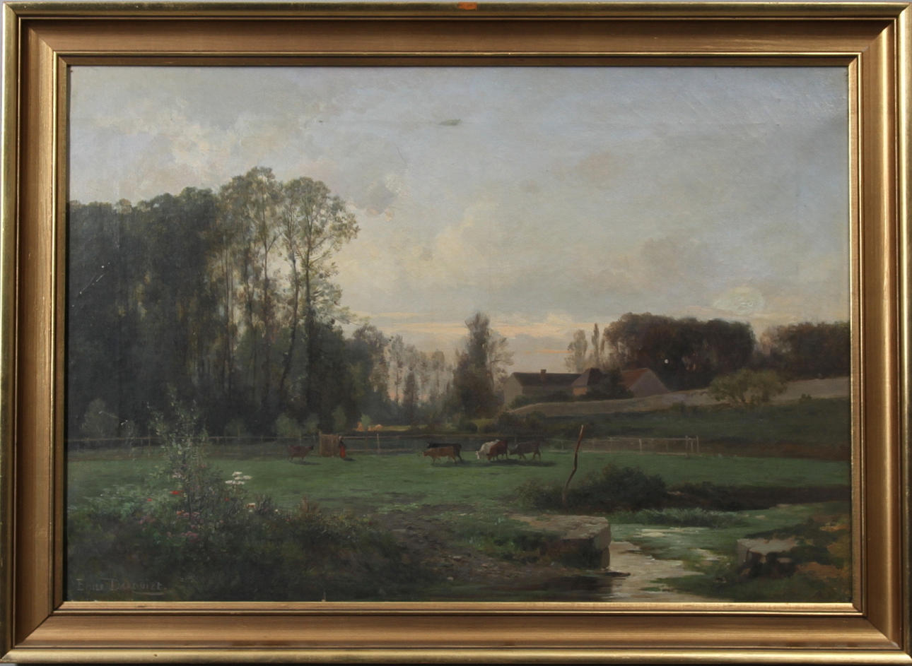 LOUIS EMILE DARDOIZT. (1826-1901). Frankrike. Landskap med blommor och kor. Olja på duk. Signerad.