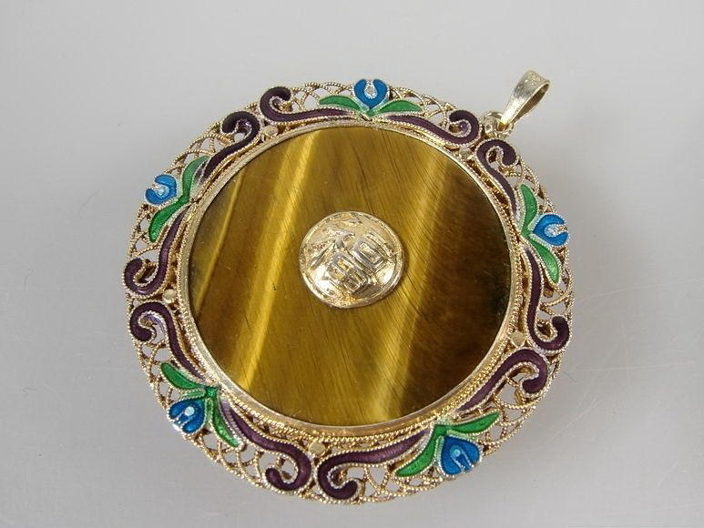 GLÜCKSBRINGER ANHÄNGER MIT TIGERAUGE & EMAIL SILBER CHINA.