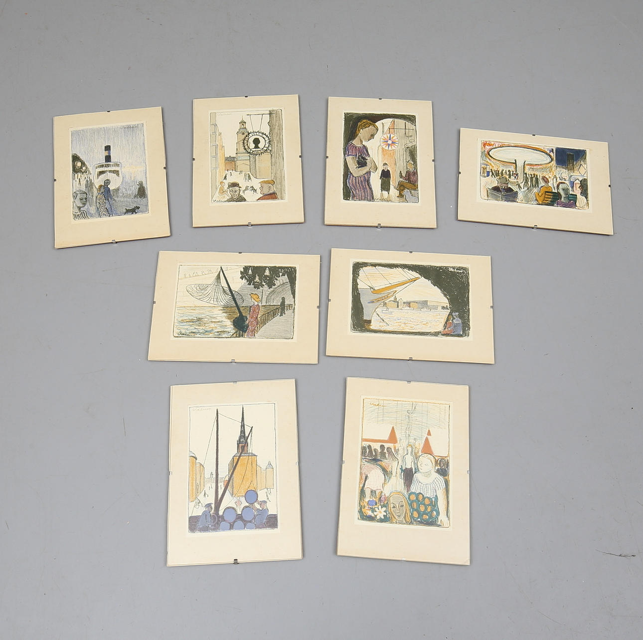 CECIL VALEUR. 8 pieces, crayon, signed.