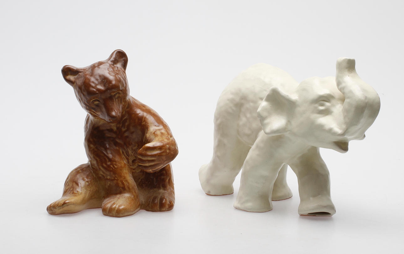 FIGURINER, keramik, elefant samt björn, troligen Upsala Ekeby.