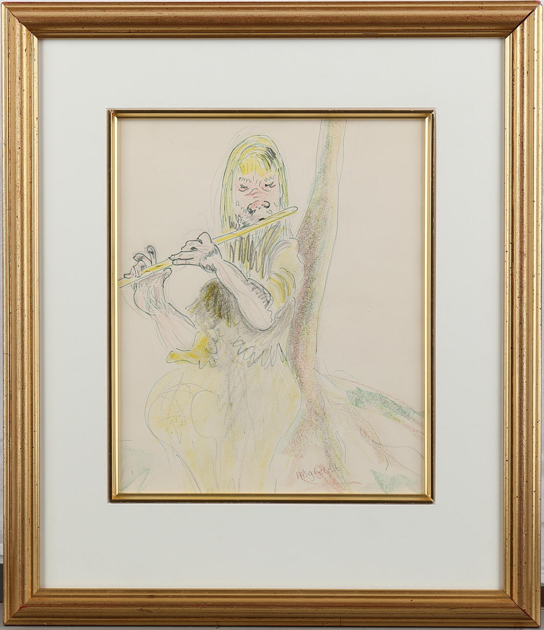ROBERT HÖGFELDT. Tvärflöjtspelande troll. Pastell, signerad Högfeldt.