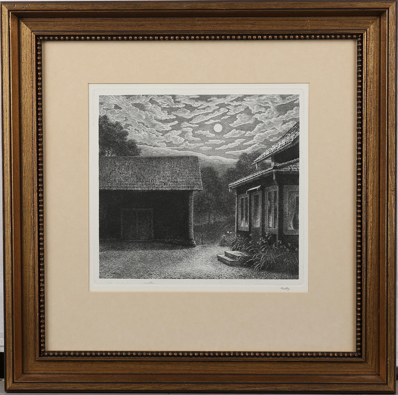 FOLKE GULLBY. Gård på natten. Etsning, signerad och daterad 75.