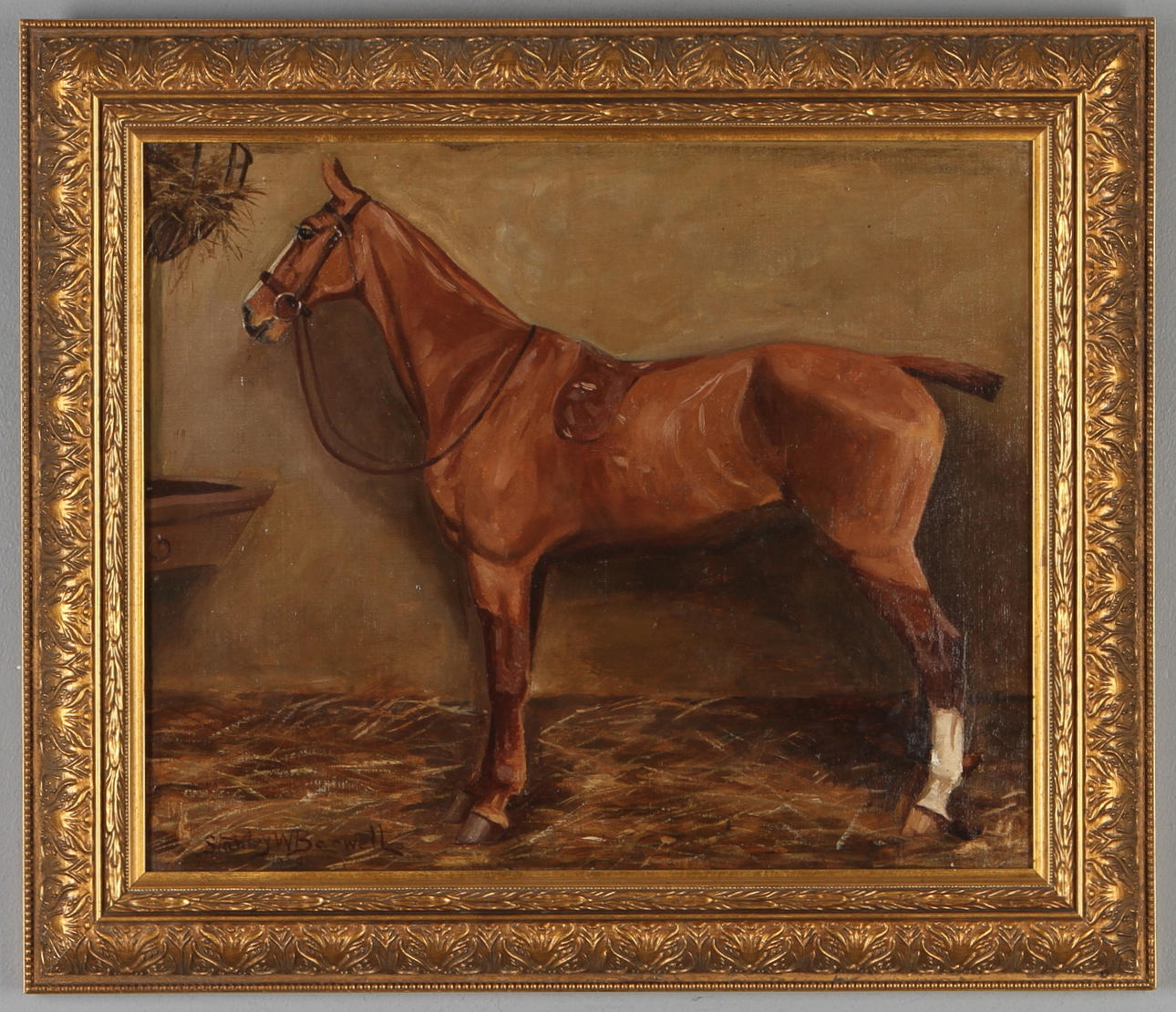 STANLEY W. BARWELL. Häst i stall, olja på duk, signerad och daterad 1909.