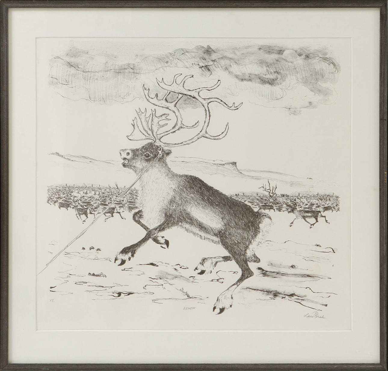 LARS PIRAK. "Reindeer", lithography, signed, proof print.