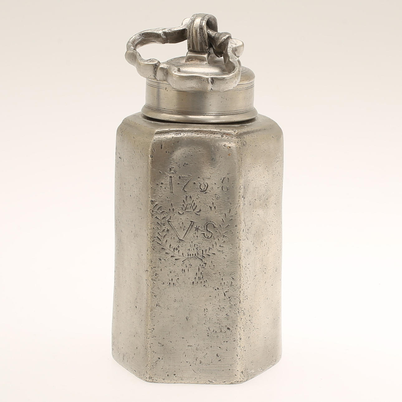 PRISM BOTTLE, pewter, marked 1760.