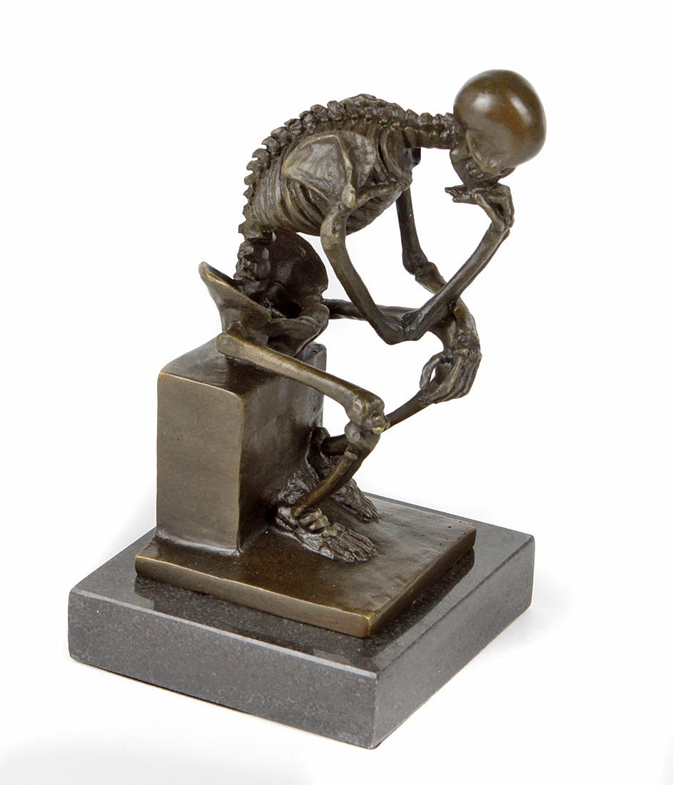 BRONZE SCULPTURE, THE THINKER, SKELETON.