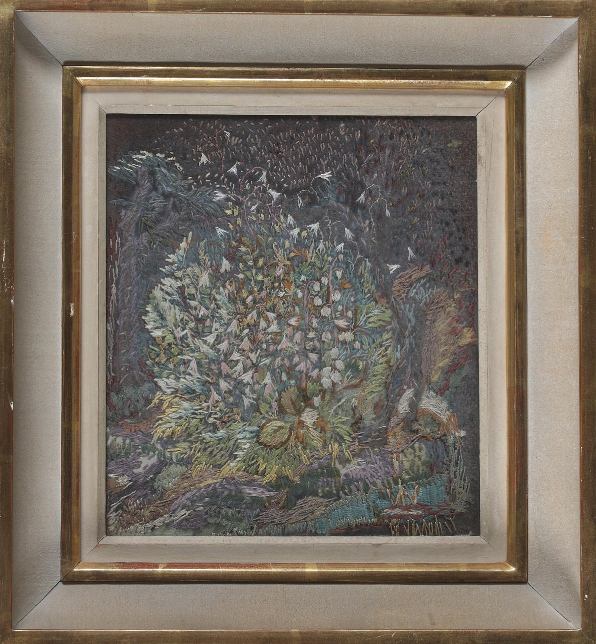 INGEBORG WETTERGREN. Embroidery, landscape with flowers and trees, signed on verso, first half of the 20th century.