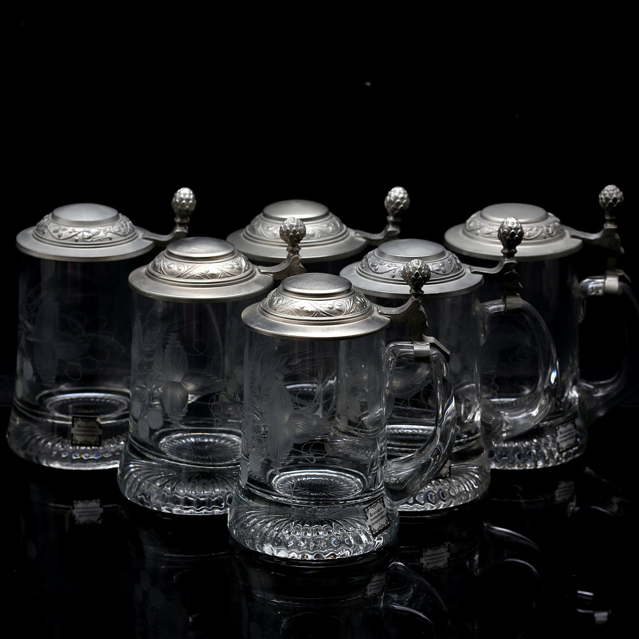 ÖLSTOP, 6 stycken, glas/ tenn, 1900-tal.