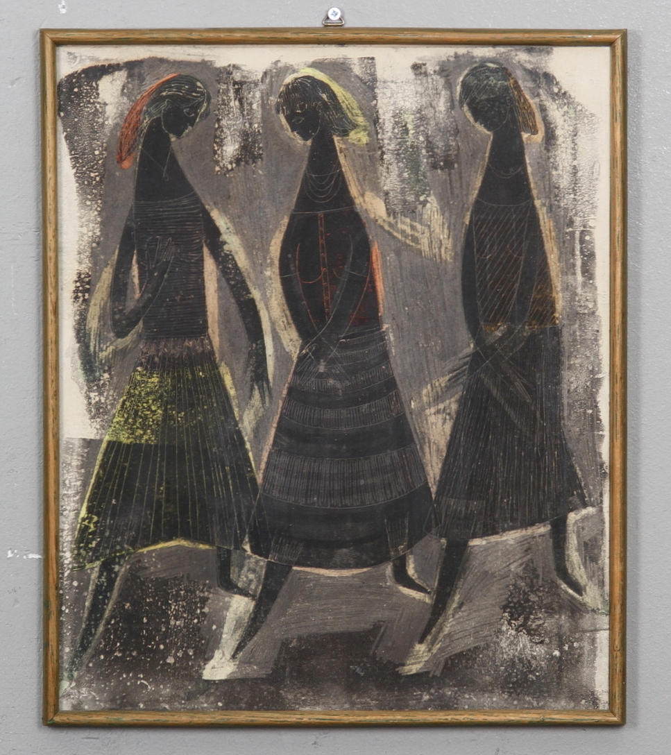 OKÄND KONSTÄR. Blandteknik, motiv med 3 damer, signerad Leo och daterad 51.