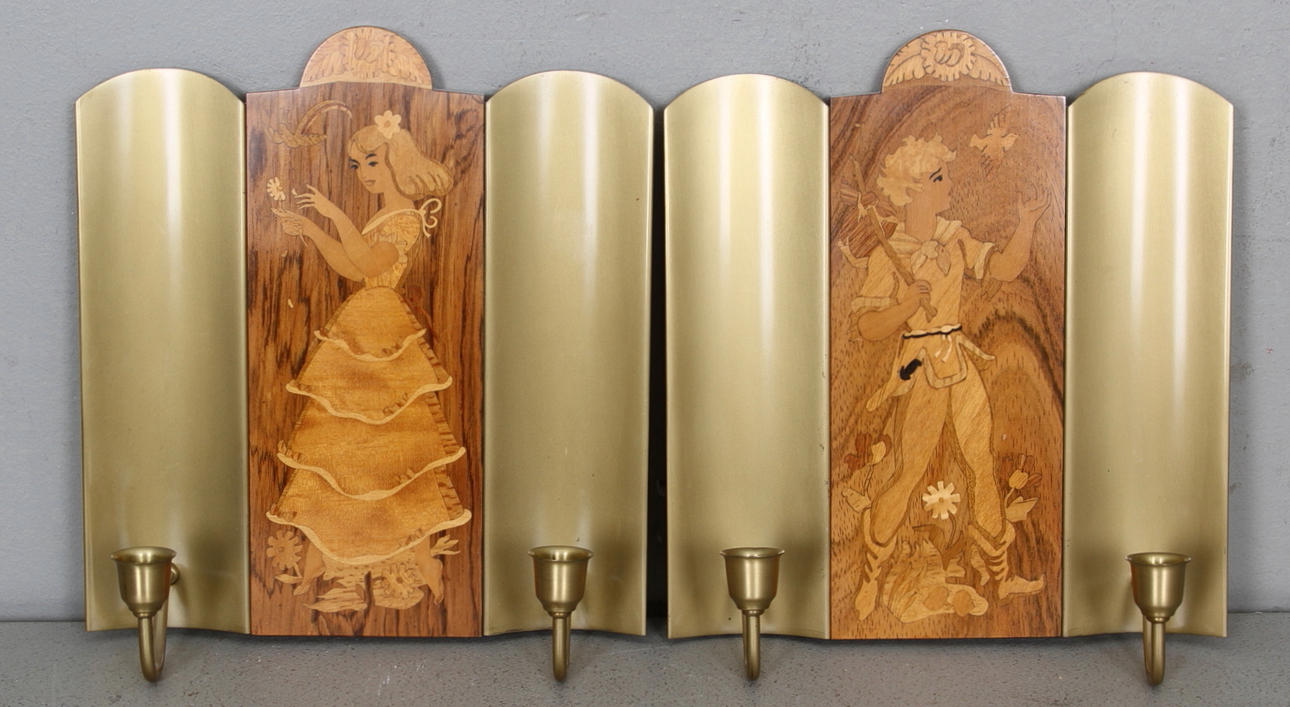 VÄGGLAMPETTER, ett par, Mjölby Intarsia, 1930-tal.