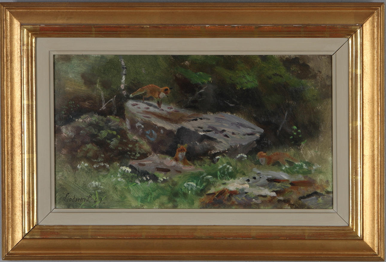 LINDORM LILJEFORS. Rävfamiljen, olja på pannå, signerad och otydligt daterad.