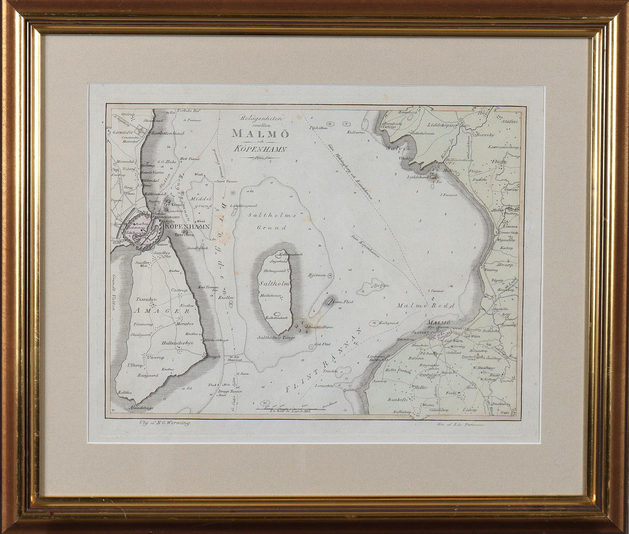 MAP, copper engraving, hand-coloured, Copenhagen and Malmö, 1816.