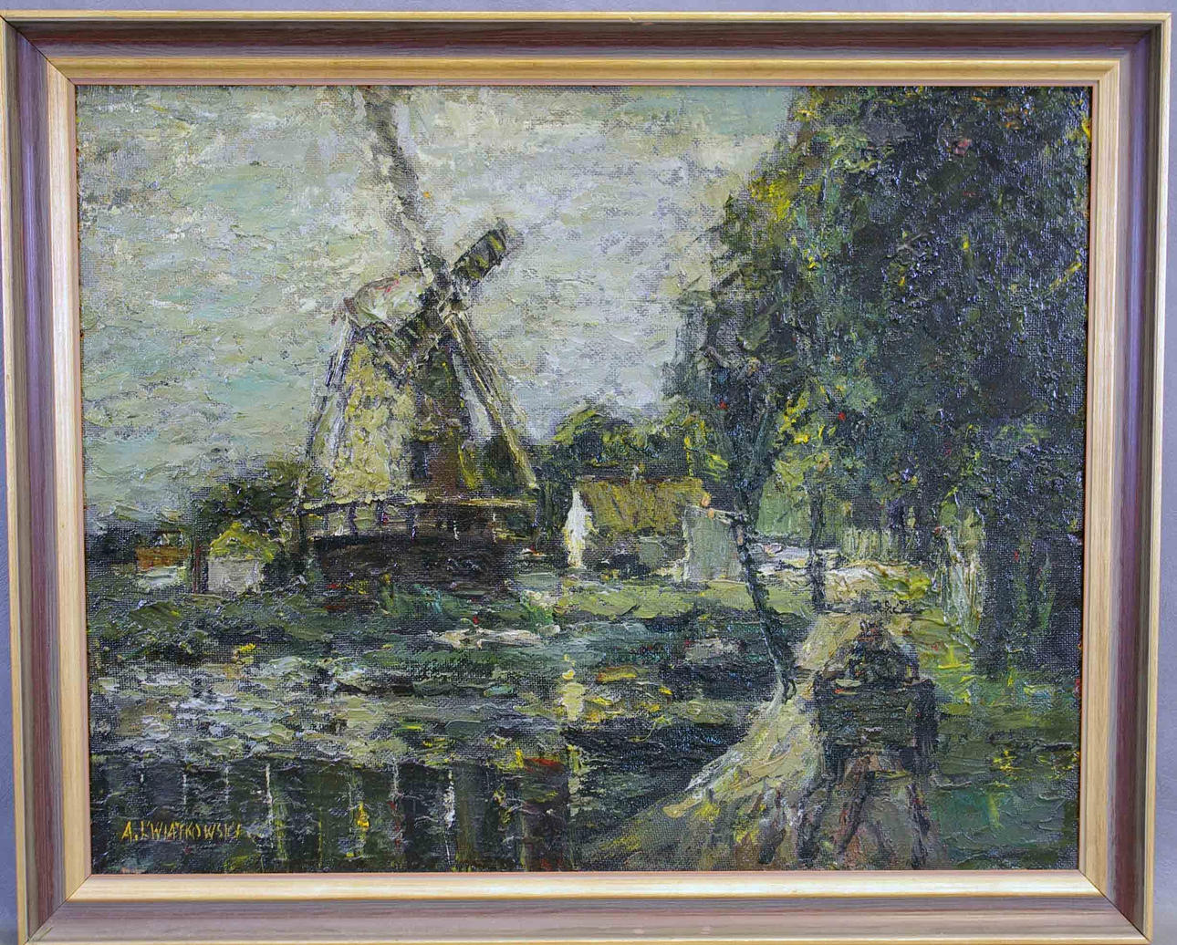 A. KWIATKOWSKI. landskap med mölla, olja på pannå.