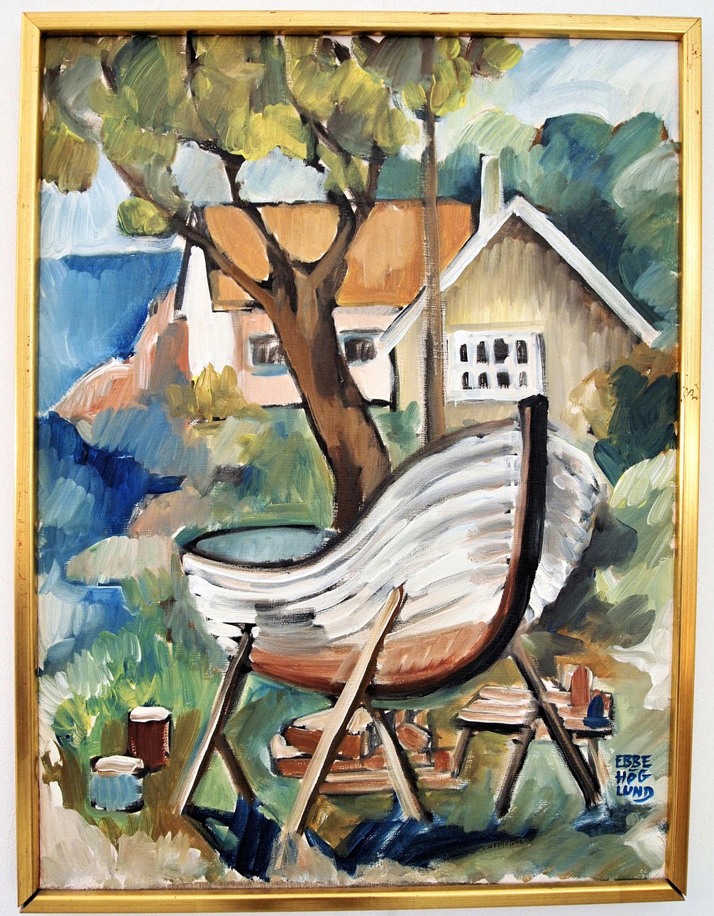 EBBE HÖGLUND. OLJEMÅLNING, vårrustning av båten.