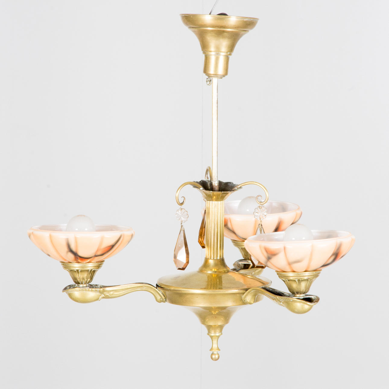 CEILING LAMP, 3-armed, brass with glass domes and prisms.