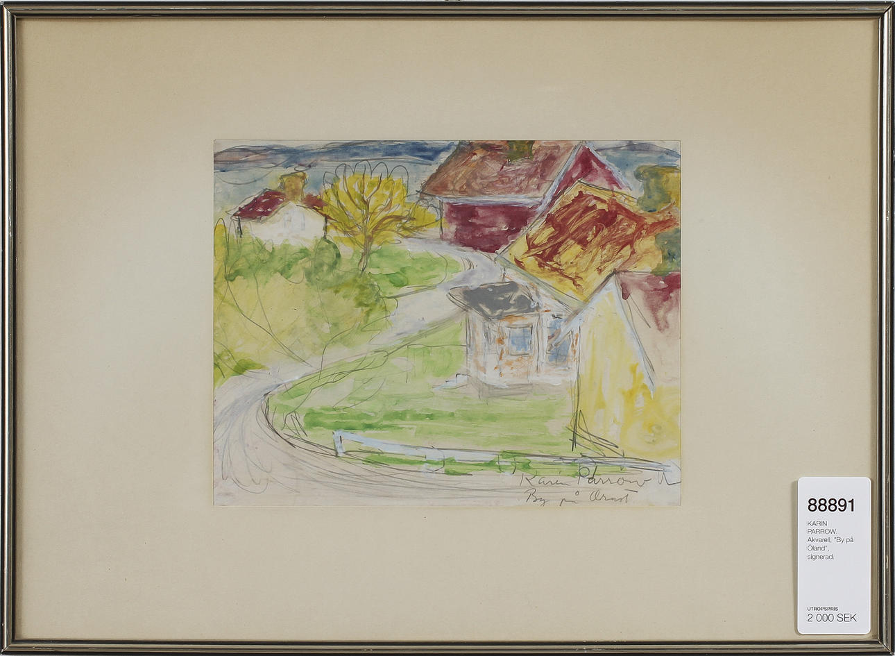 KARIN PARROW. Akvarell, "By på Orust", signerad.