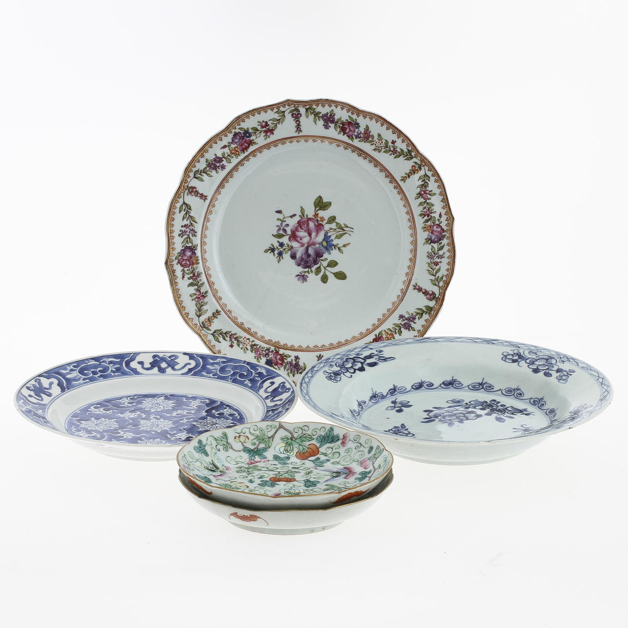 PARTI PORSLIN, 5 delar. Kina, 1700-1800-tal.