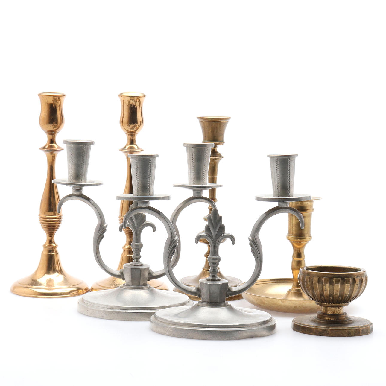 CANDLESTICKS, 7 pcs., Pewter/brass, 20th century.