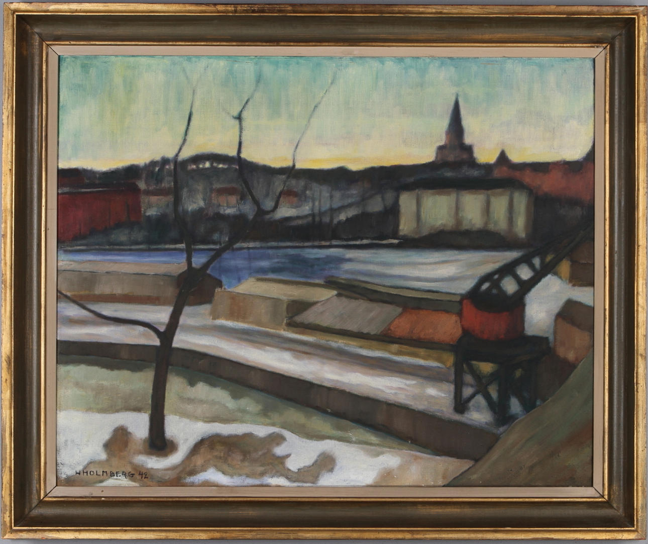 HARRY HOLMBERG. "Utsikt mot Sofia kyrka", olja på duk, signerad och daterad -42.