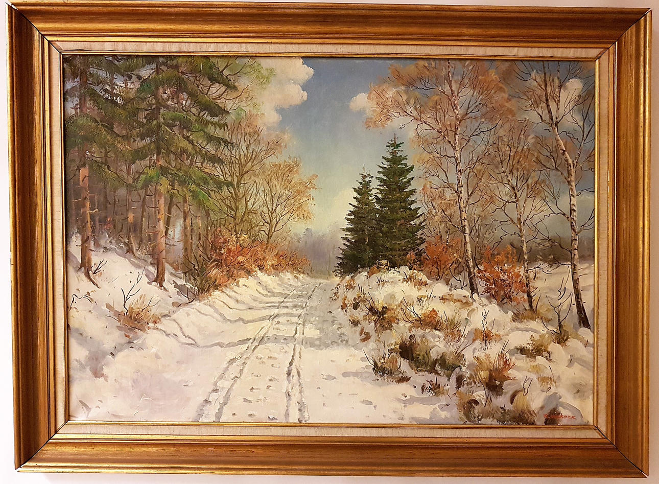 K WERNER. Oil on canvas, Winter road, signed.