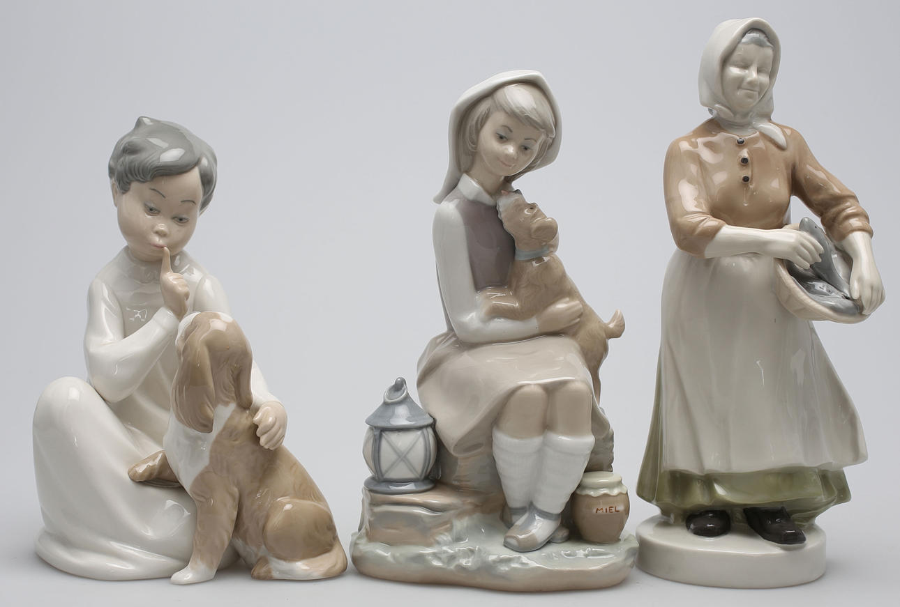 FIGURINER, 3 st, porslin, Lladro samt Tyskland.