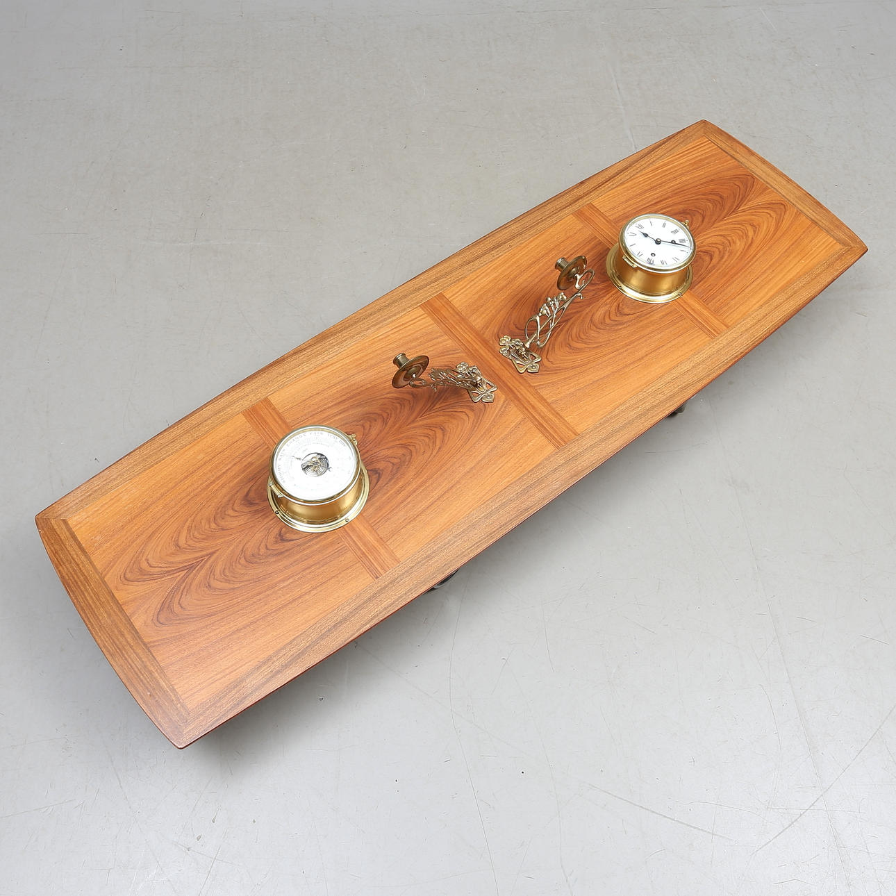 SHIP CLOCK and BAROMETER, mounted on wall panel, Schatz.