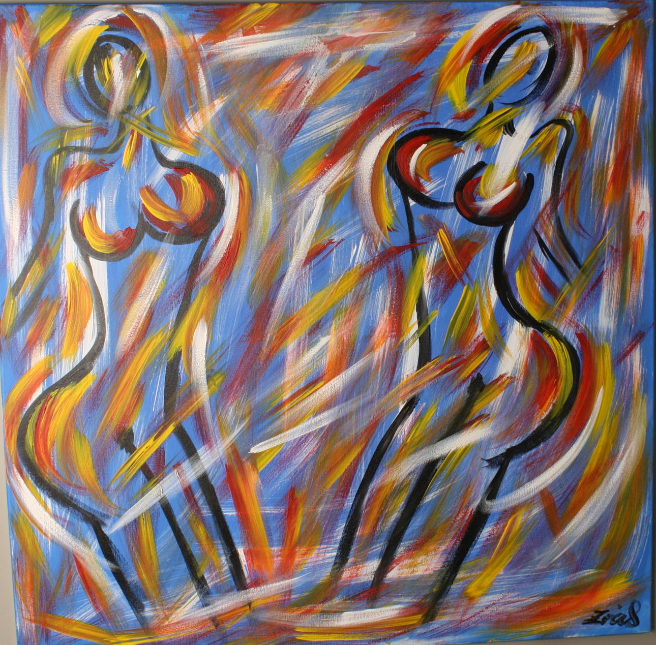 ZORITZA SILVERBLOM. Komposition i blått med nakna kvinnor, akryl på duk, signerad Zoritza.