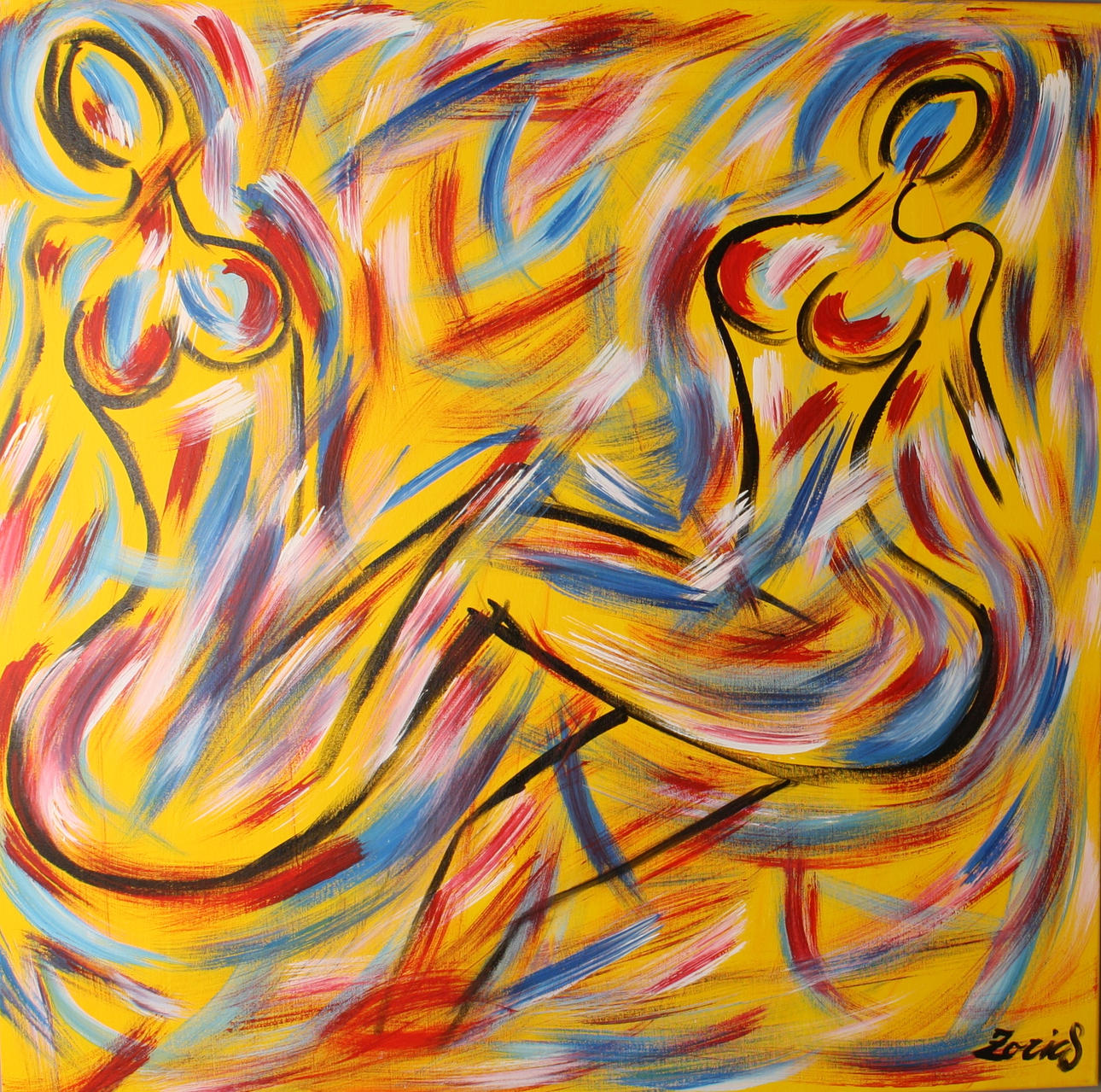 ZORITZA SILVERBLOM. Komposition i gult med nakna kvinnor, akryl på duk, signerad Zoritza.