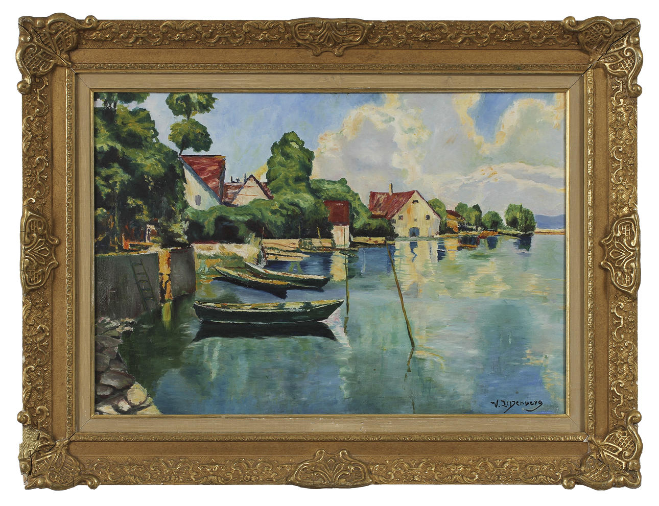 VALTER LILJENBERG. TILLSKRIVEN. Kustlandskap med båtar. Olja på duk. Signerad V Liljenberg.
