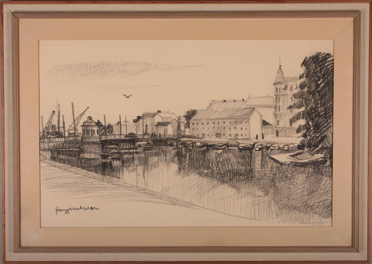 OIDENTIFIERAD KONSTNÄR. kolteckning, Hamnbron Norrköping, signerad.