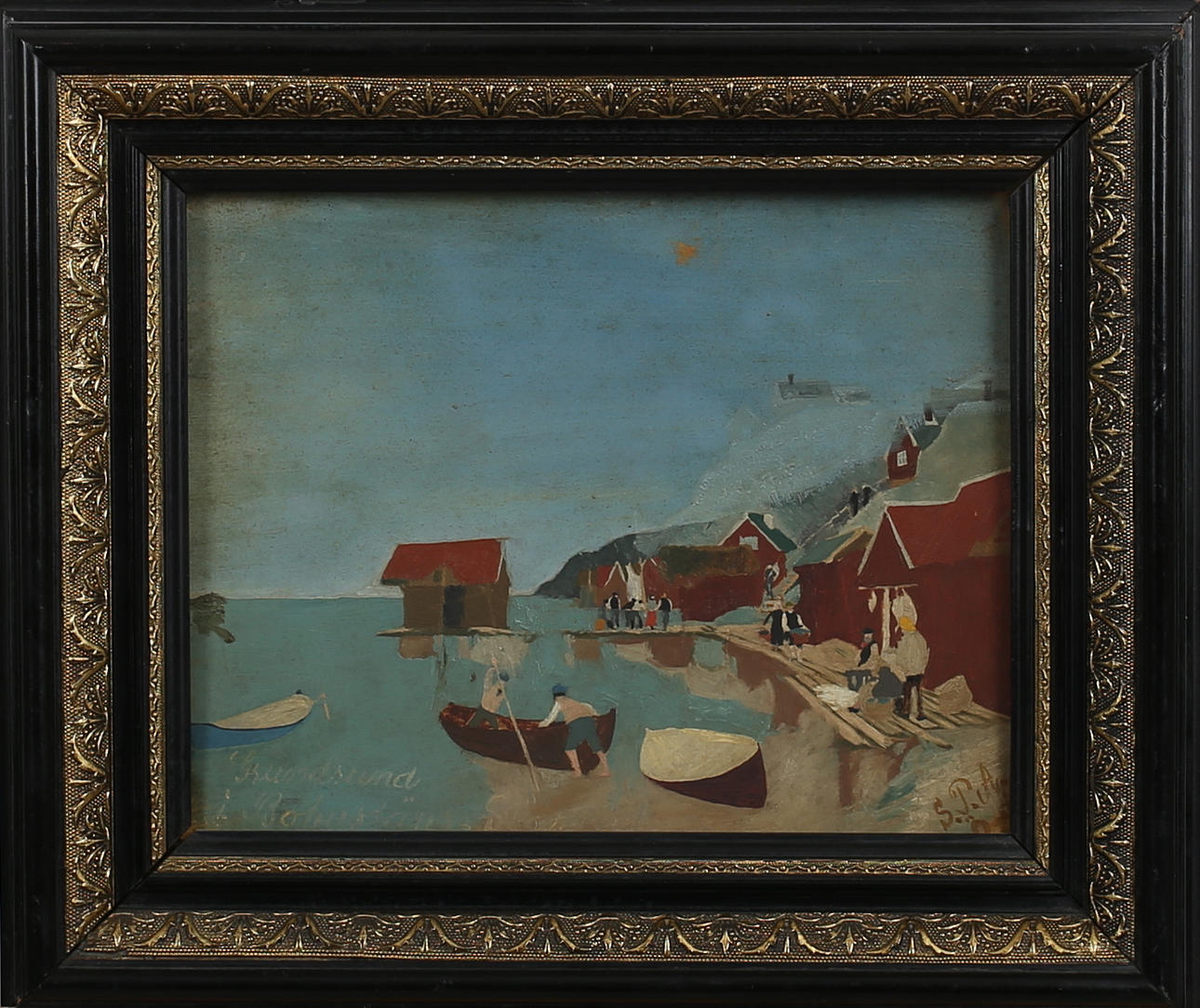 OIDENTIFIERAD KONSTNÄR. Motiv från Grundsund. Olja på glas. Signerad S P A.