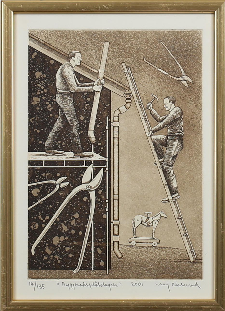 ULF EKLUND. "Byggnadsplåtslagare". Färgetsning. Signerad och daterad 2001. 14/135.
