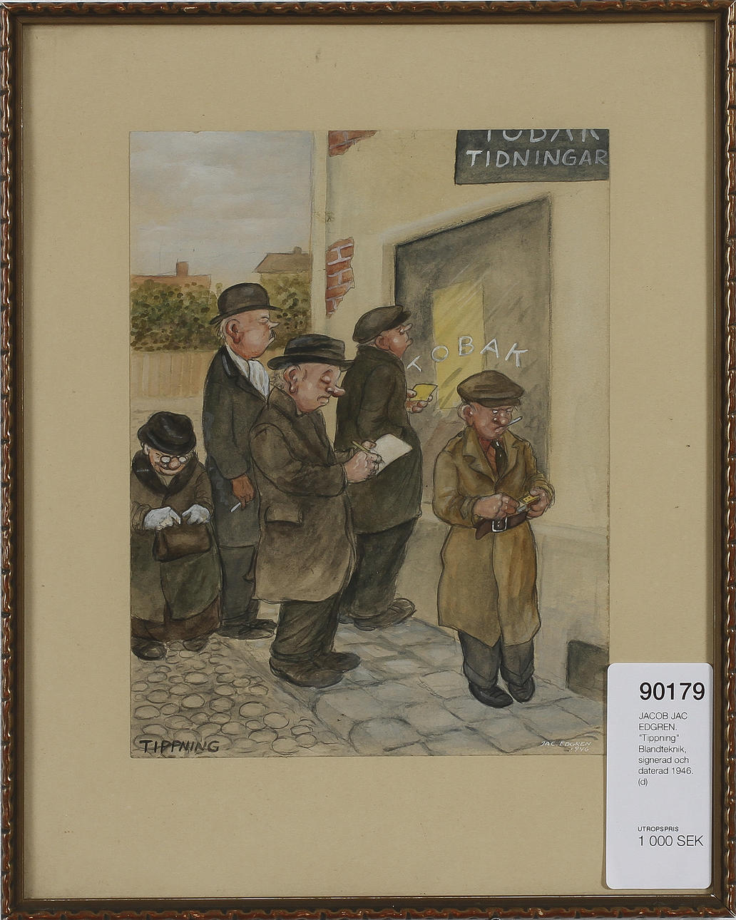 JACOB JAC EDGREN. "Tippning" Blandteknik, signerad och daterad 1946.