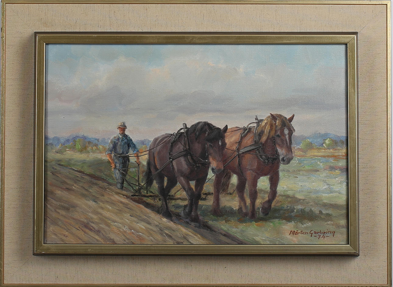 MÅRTEN GARBRING. Plöjande bonde med häst. Olja på duk. Signerad och daterad -74.