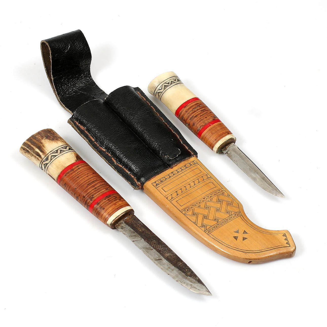 DUBBELKNIV, trä, horn och läder, 1900-tal.