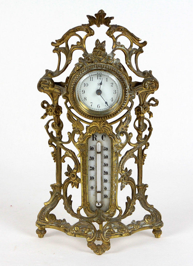 GRÜNDERZEIT TISCHUHR MIT THERMOMETER UM 1880/90.