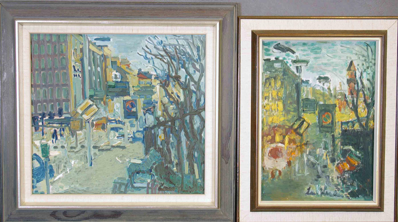 LARS HERDER. Drottninggatan Helsingborg, 2 stycken, olja på pannå.
