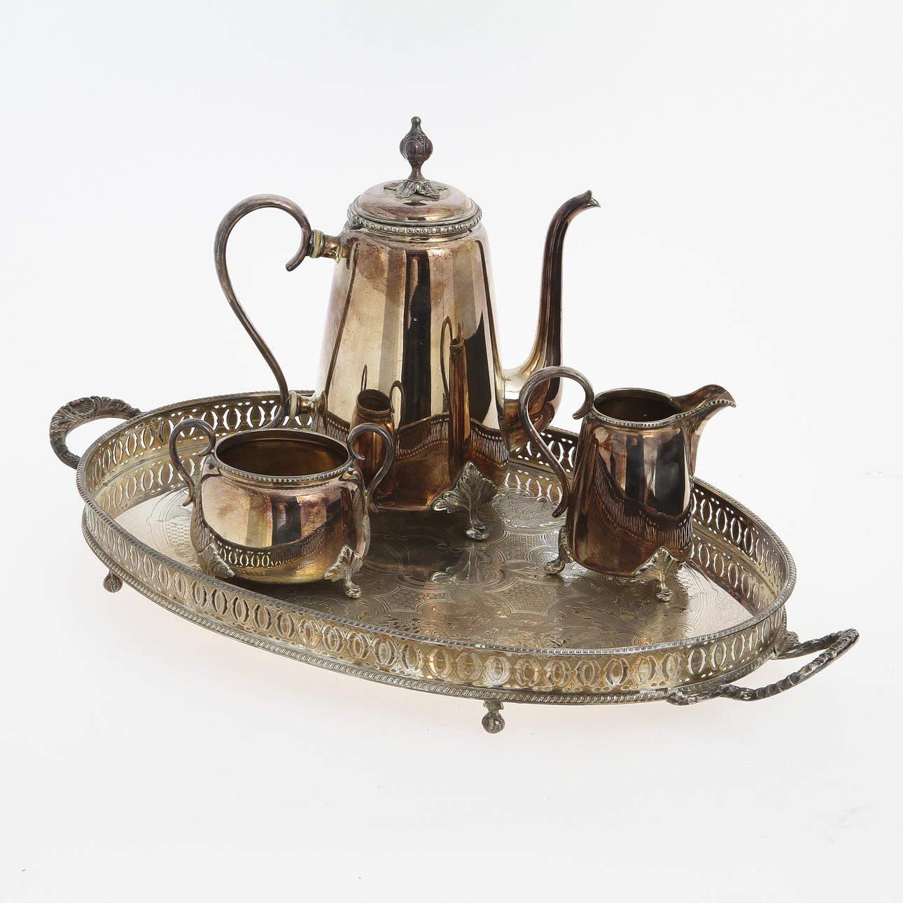 KAFFESERVIS, 3 delar, nysilver samt BRICKA, pläter, 1900-talets första hälft.