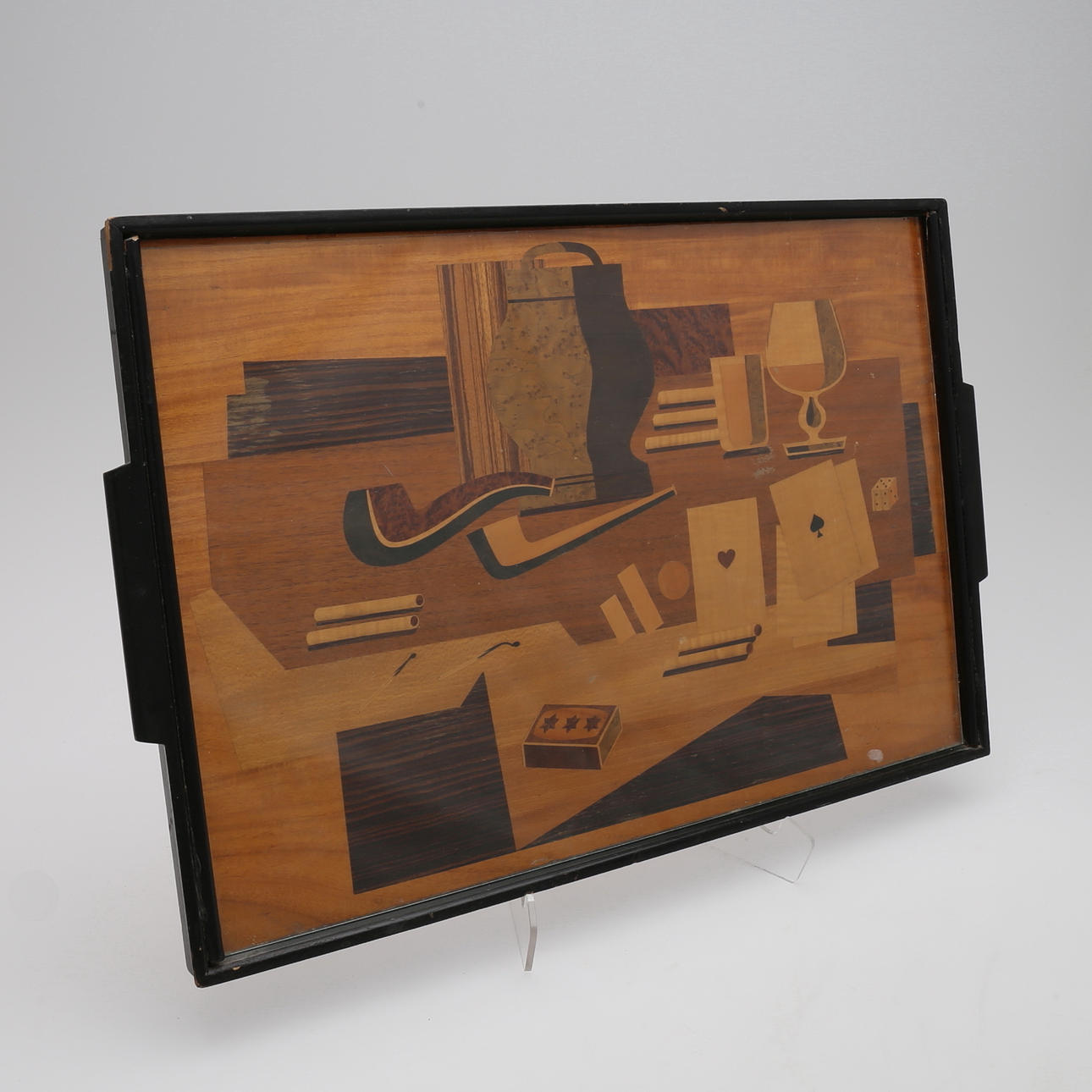 TRAY, intarsia work, marked Mjölby intarsia.