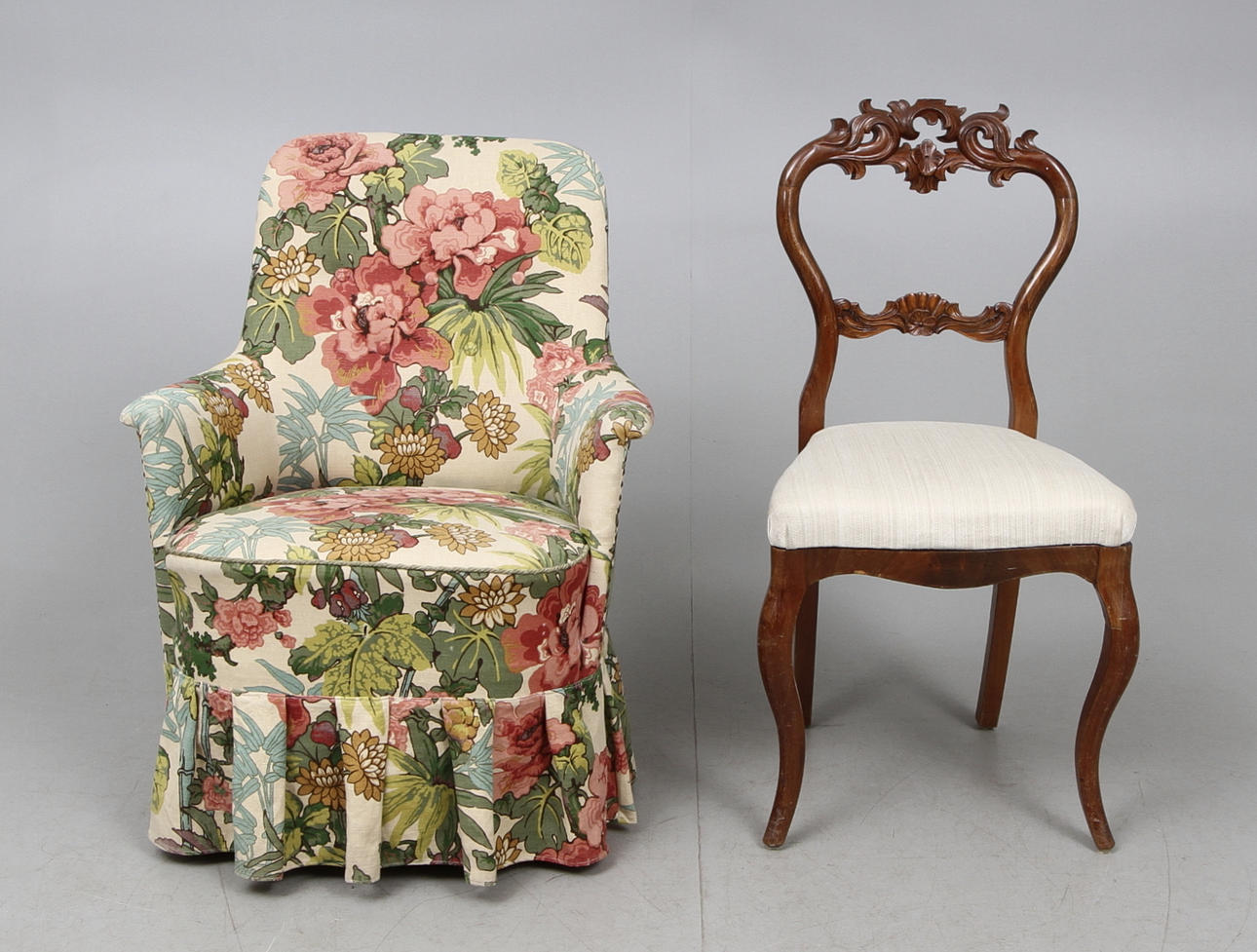 FÅTÖLJ, "Husmor", Carl malmsten samt STOL, nyrokoko.