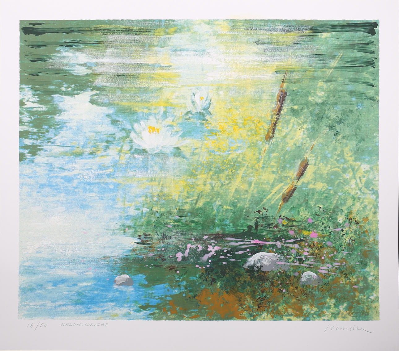 LEIF KANDER. Näckrosor. Handkolorerad serigrafi, Signerad Kander. 16/50.