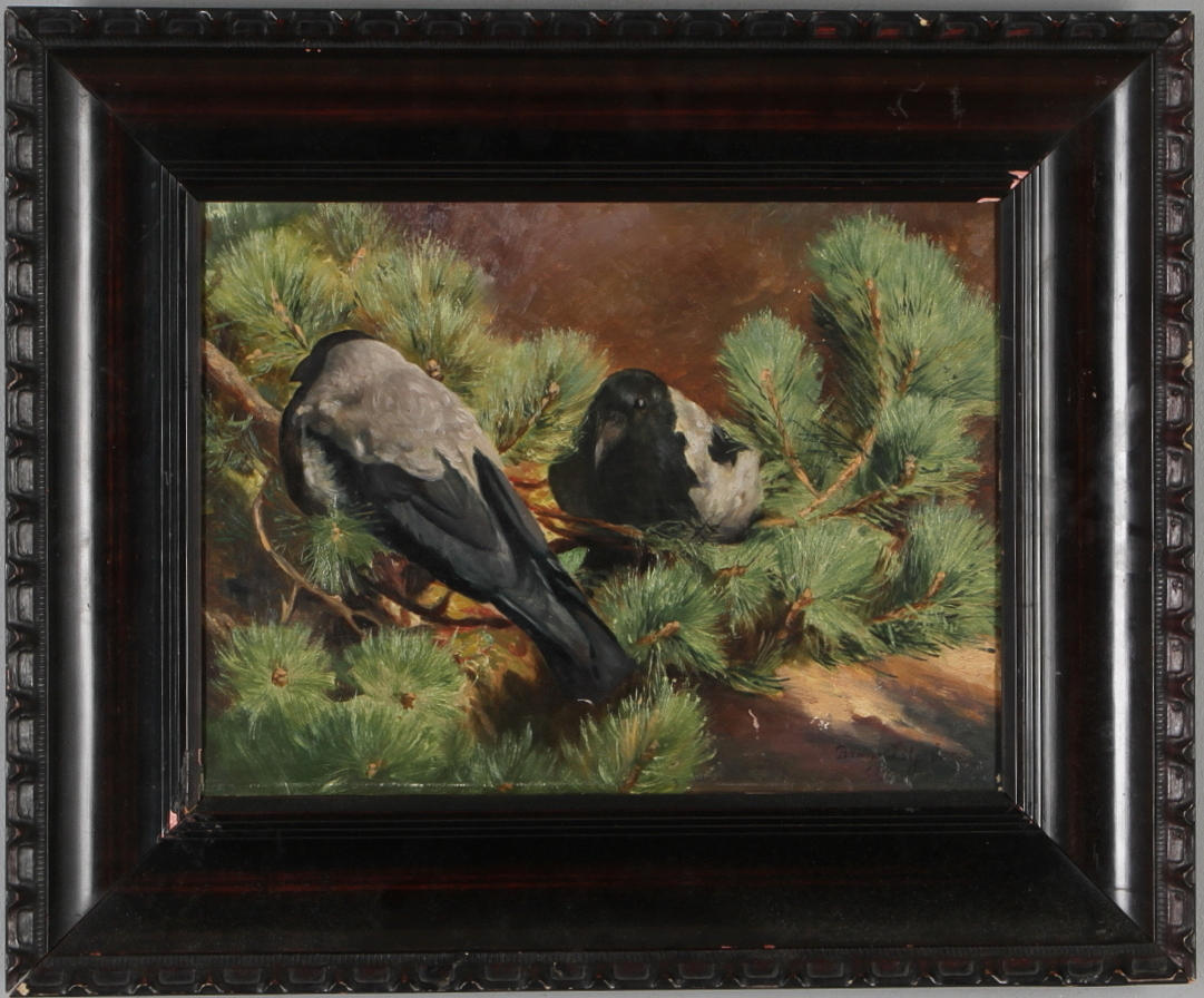 OKÄND KONSTNÄR. Kråkor, olja på pannå, kopia efter Bruno Liljefors.